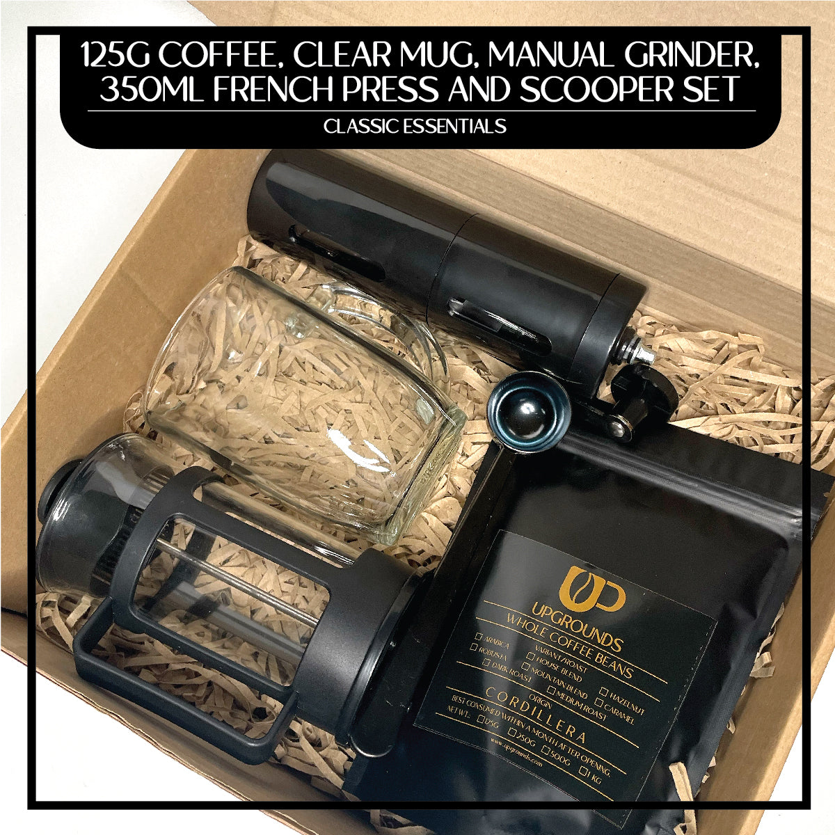 125g Coffee, 350ml French Press, Manual Grinder, 430ml Clear Mug and Scooper Set | Upgrounds