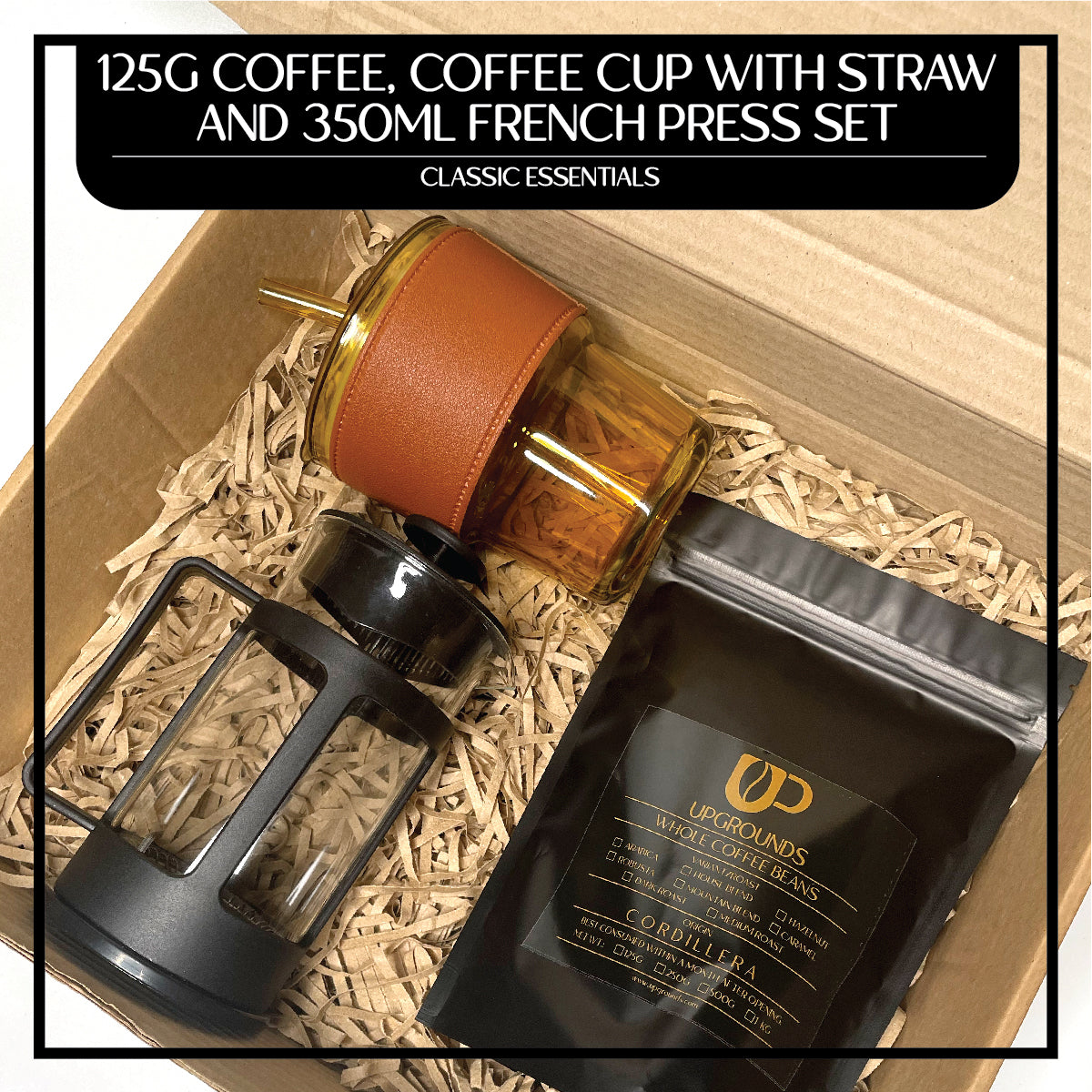 125g Coffee, 350ml French Press and 450ml Coffee Cup with Straw Set | Upgrounds