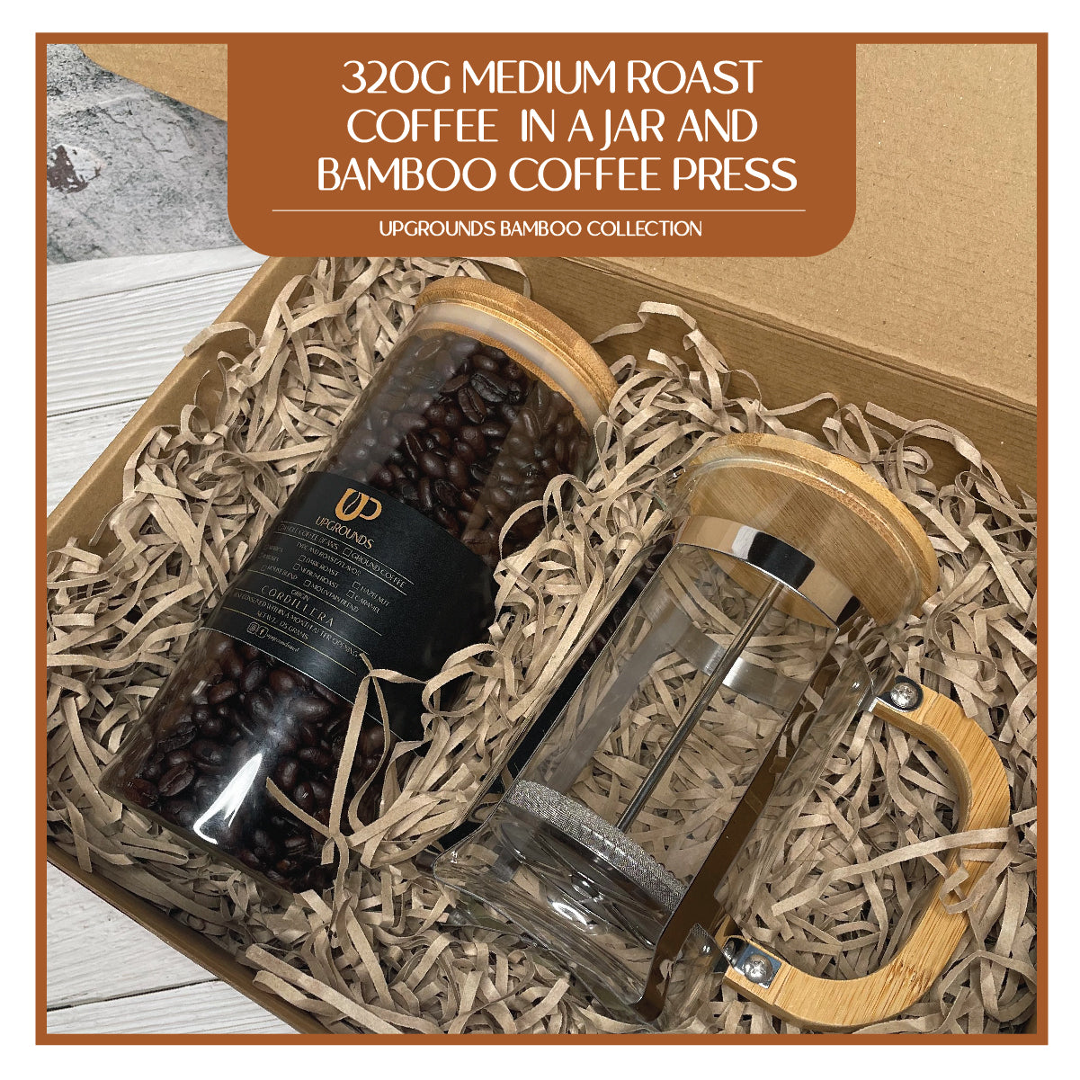 320g Medium Roast Coffee in Big Jar and Bamboo French Press | Upgrounds