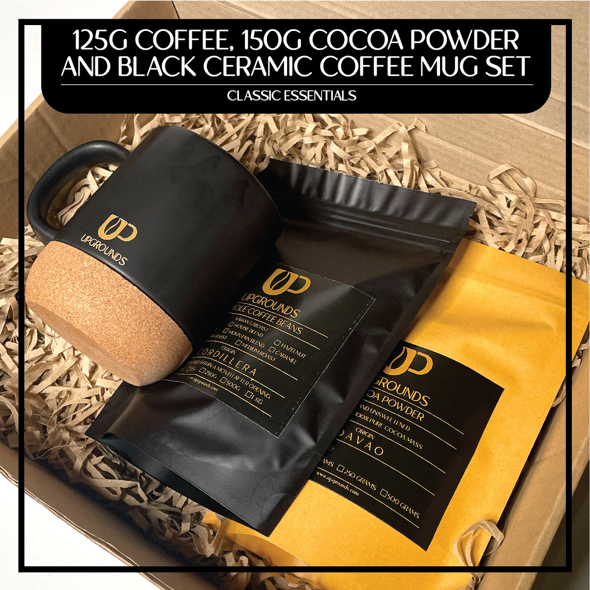 125g Coffee, 150g Cocoa Powder and 360ml Black Ceramic Mug | Upgrounds