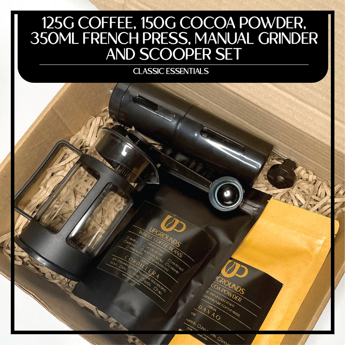 125g Coffee, 150 Cocoa Powder, 350ml French Press, Manual Grinder and Scooper Set | Upgrounds
