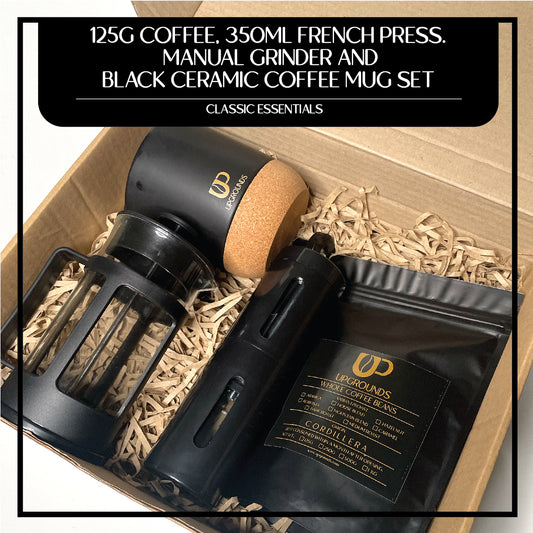 125g Coffee, 350ml French Press, Manual Grinder, 360ml Black Ceramic Mug and Scooper Set | Upgrounds