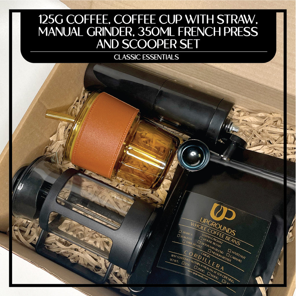 125g Coffee, 350ml French Press, Manual Grinder, Coffee Cup with Straw and Scooper Set