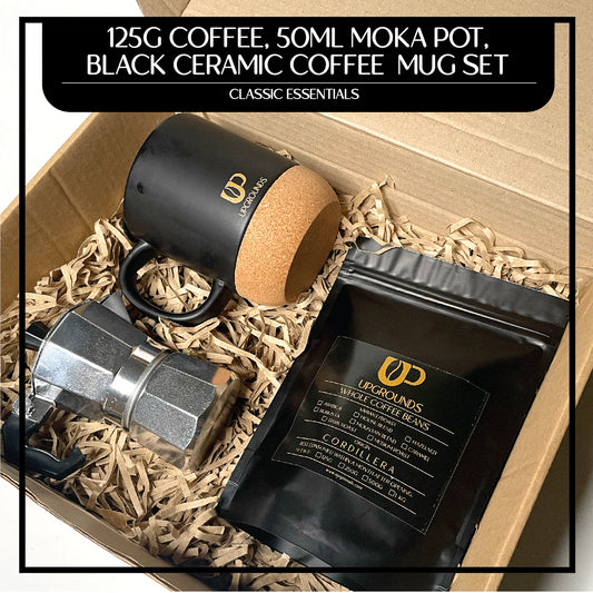 125g Coffee, 50ml Moka Pot and 360ml Black Ceramic Mug Set | Upgrounds