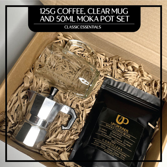 125g Coffee, 50ml Moka Pot and 430ml Clear Mug Set | Upgrounds