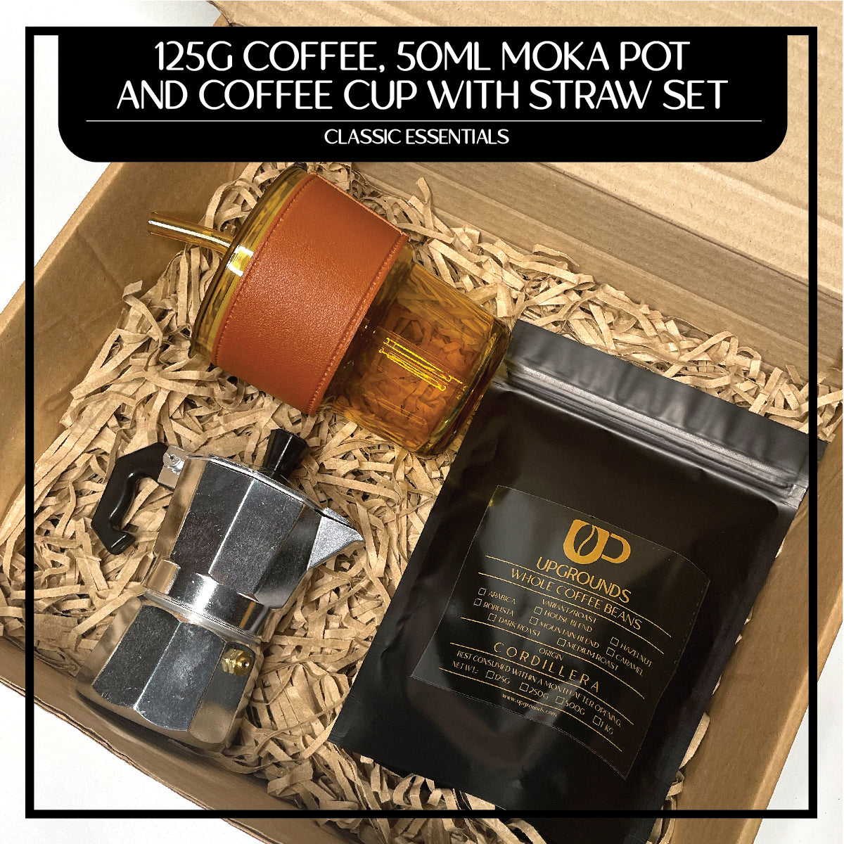 125g Coffee, 50ml Moka Pot and 450ml Coffee Cup with Straw Set | Upgrounds