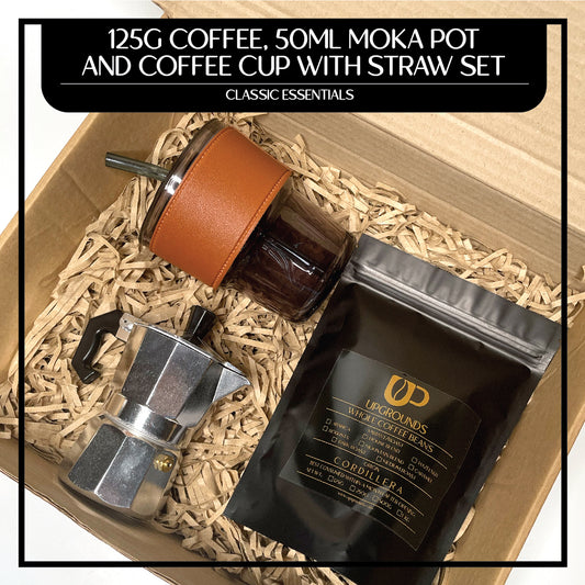 125g Coffee, 50ml Moka Pot and 450ml Coffee Cup with Straw Set | Upgrounds