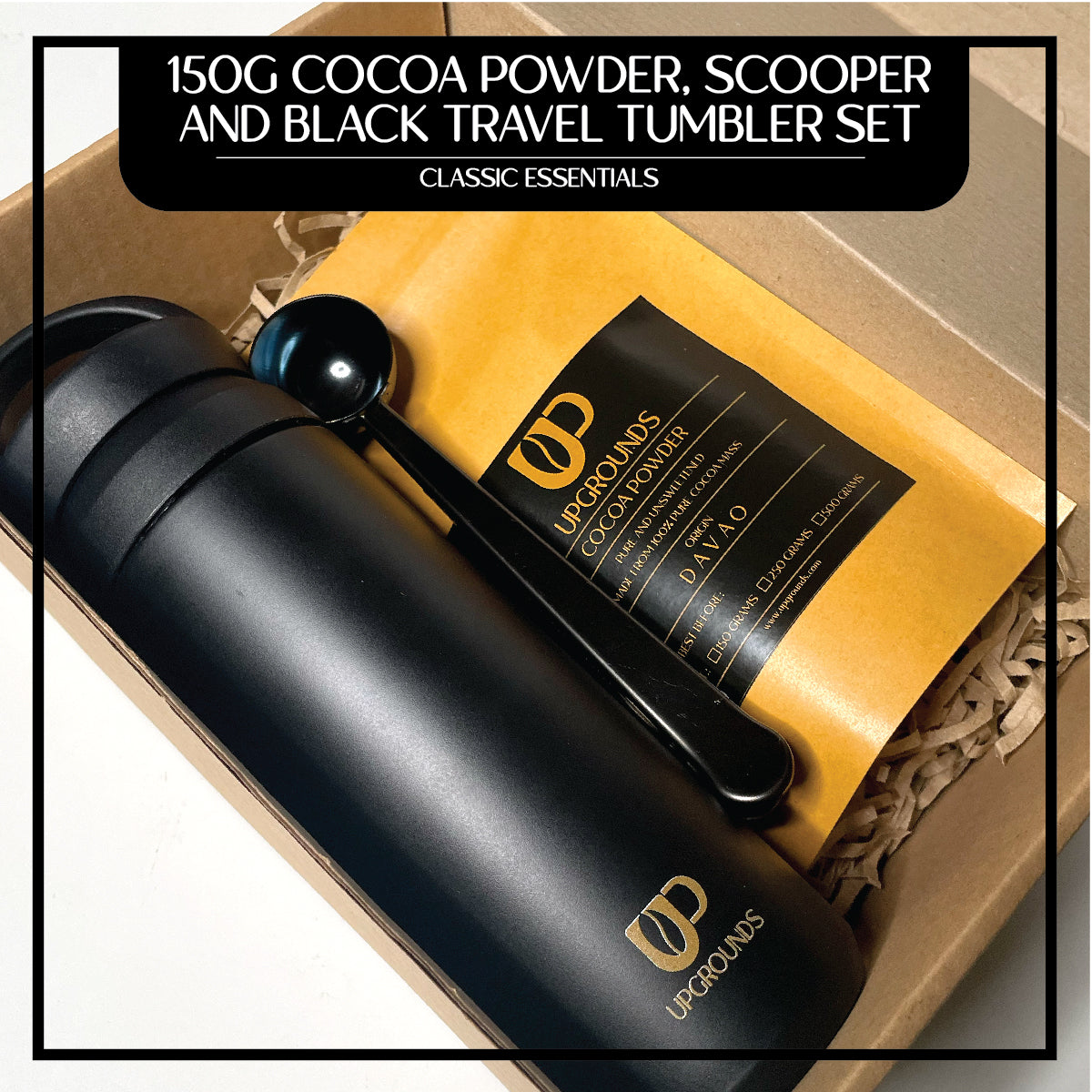 150g Cacao Powder, Black Tumbler and Scooper Set | Upgrounds