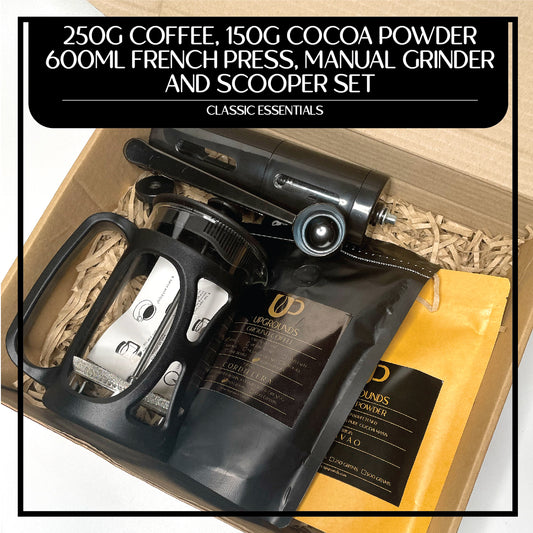 250g Coffee, 150g Cocoa Powder, 600ml French Press, Manual Grinder and Scooper Set | Upgrounds