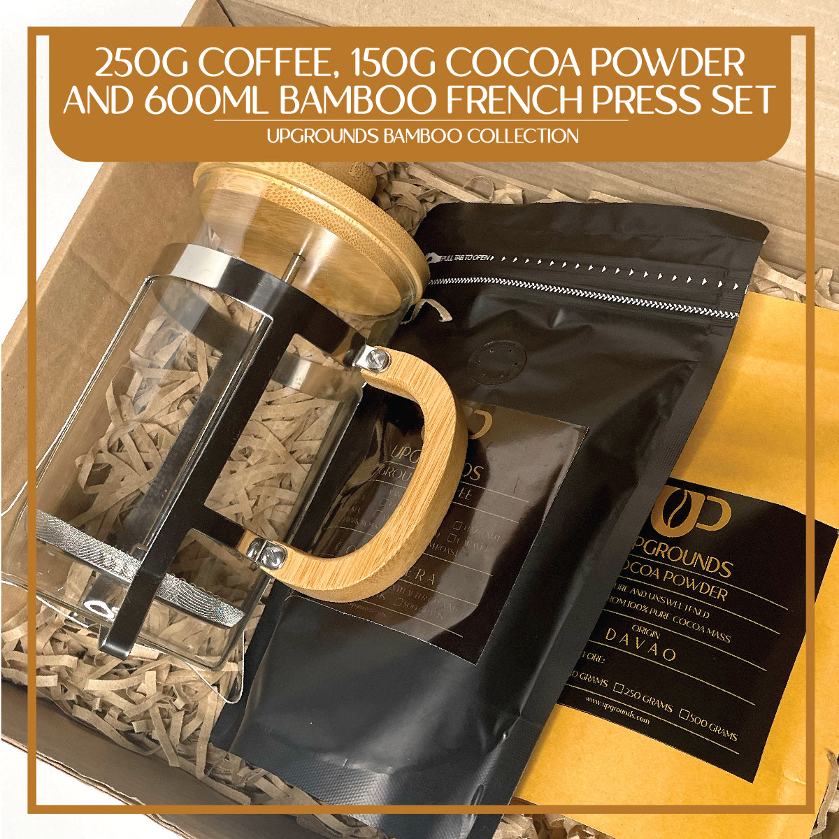 250g Coffee, 150g Cocoa Powder and Bamboo French Press Set | Upgrounds