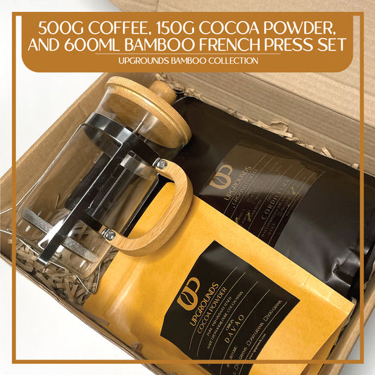 500g Coffee, 150g Cocoa Powder and Bamboo French Press Set | Upgrounds
