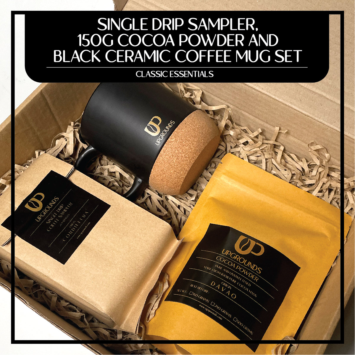 Single Drip Sampler, 150g Cocoa Powder and 360ml Black Ceramic Mug Set | Upgrounds