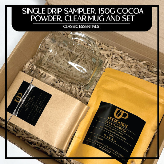 Single Drip Sampler, 150g Cocoa Powder and 430ml Clear Mug Set | Upgrounds
