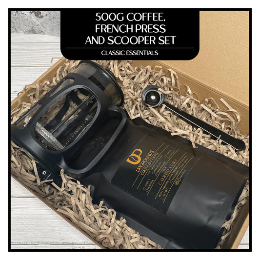 500g Coffee, 600ml French Press and Scooper Set