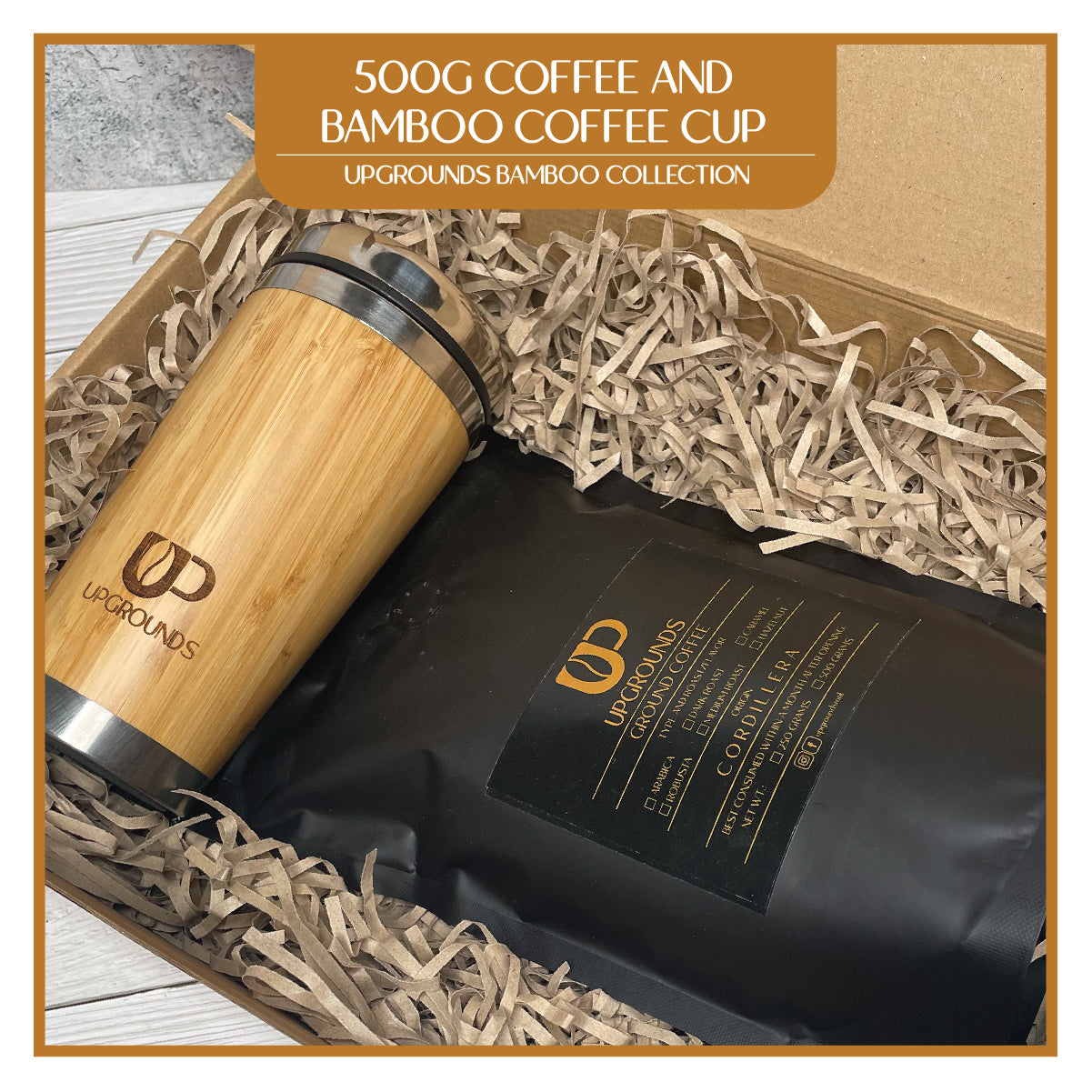500g Coffee and and Bamboo Coffee Cup Set | Upgrounds