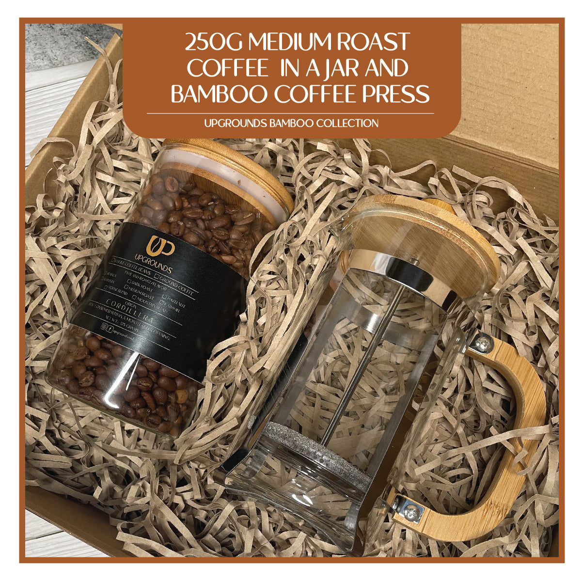 250g Medium Roast Coffee in Small Jar and Bamboo French Press Set | Upgrounds