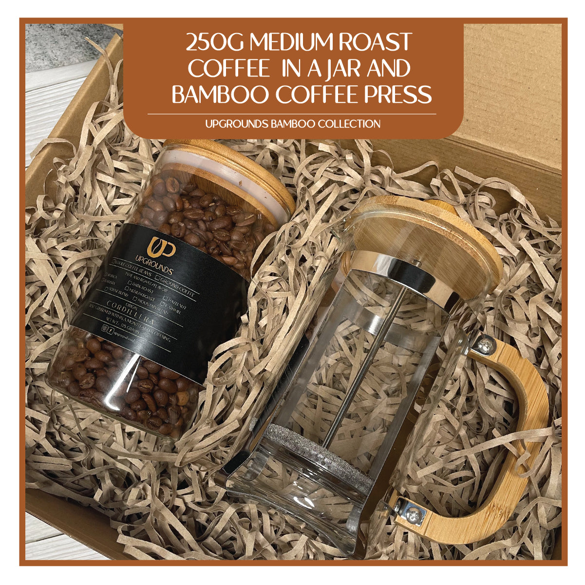 250g Medium Roast Coffee in Small Jar and Bamboo French Press Set | Upgrounds