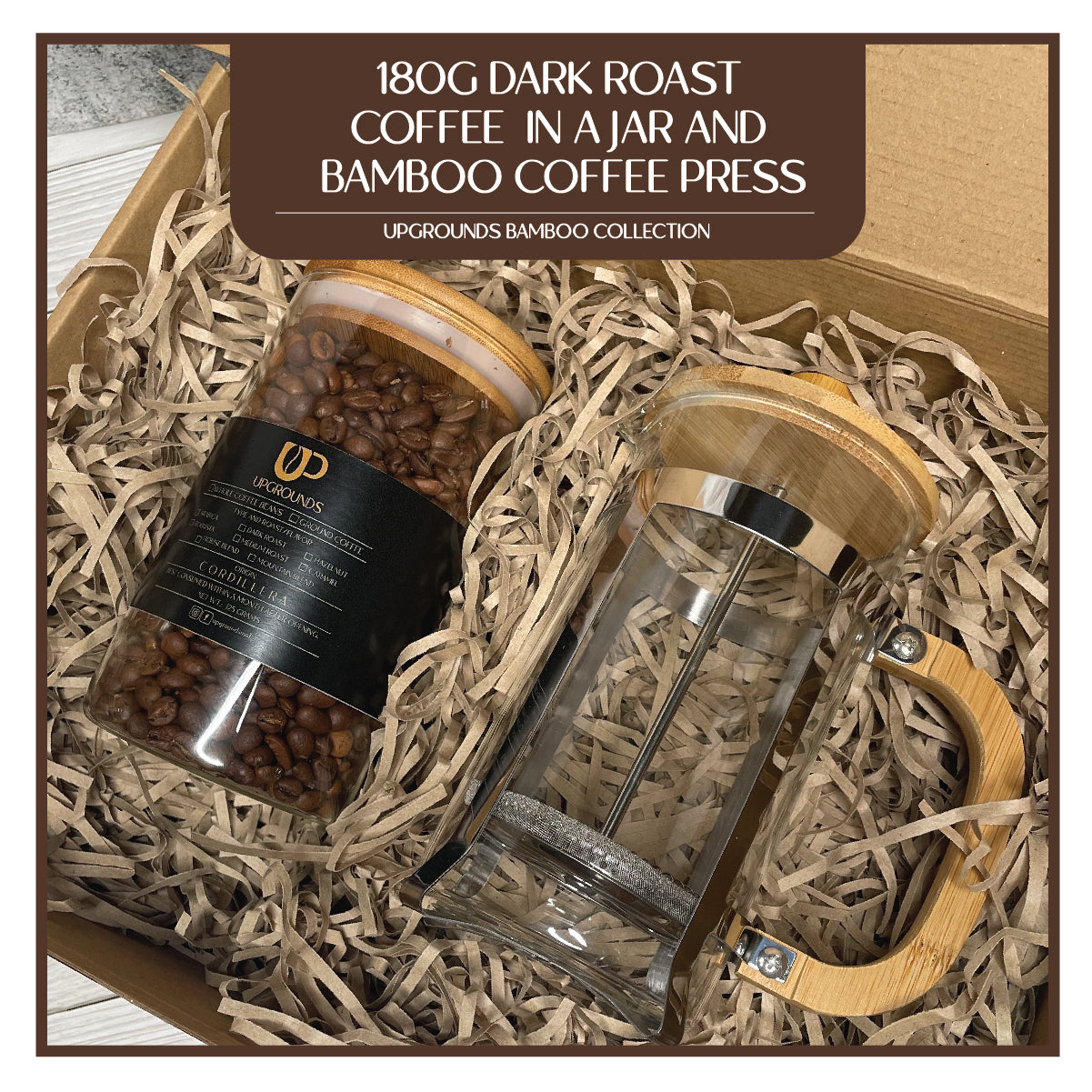 180g Dark Roast Coffee in Small Jar and Bamboo French Press | Upgrounds