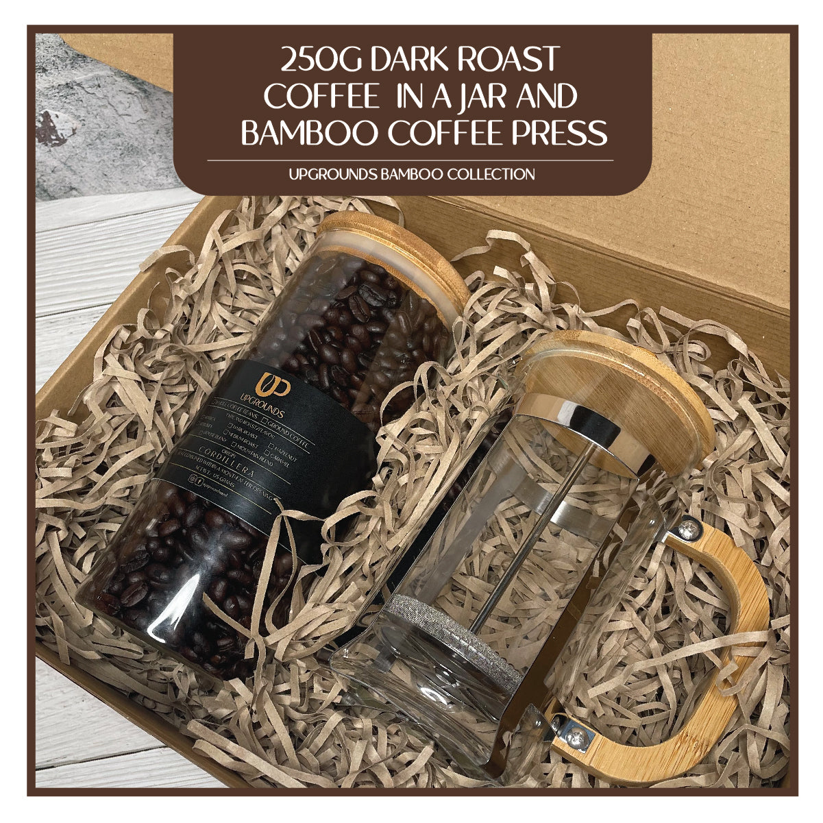 250g Dark Roast Coffee in Big Jar and Bamboo French Press | Upgrounds